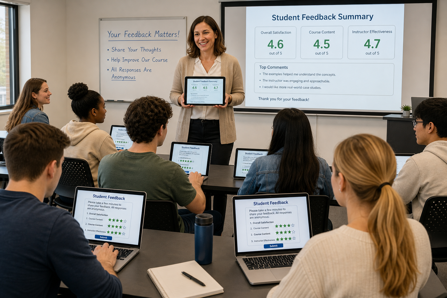 Negative Student Feedback Asset - Photograph of a diverse higher education classroom where students submit anonymous fee