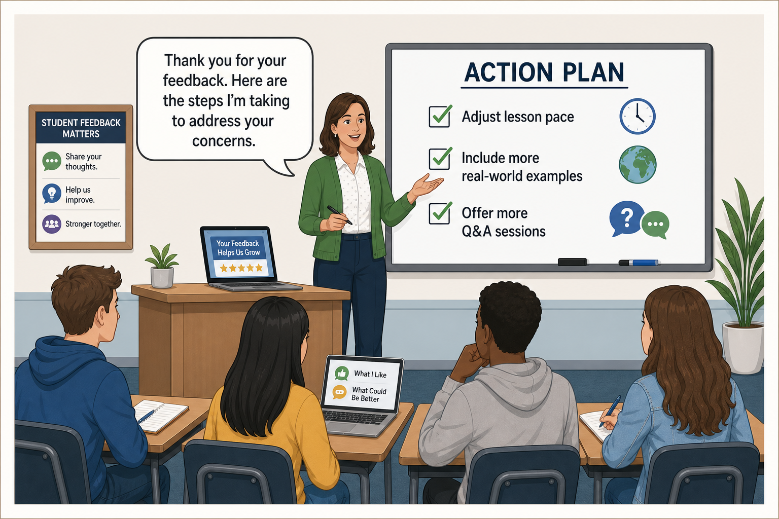 Negative Student Feedback Asset - Illustration showing a teacher addressing student concerns with a clear action plan, r