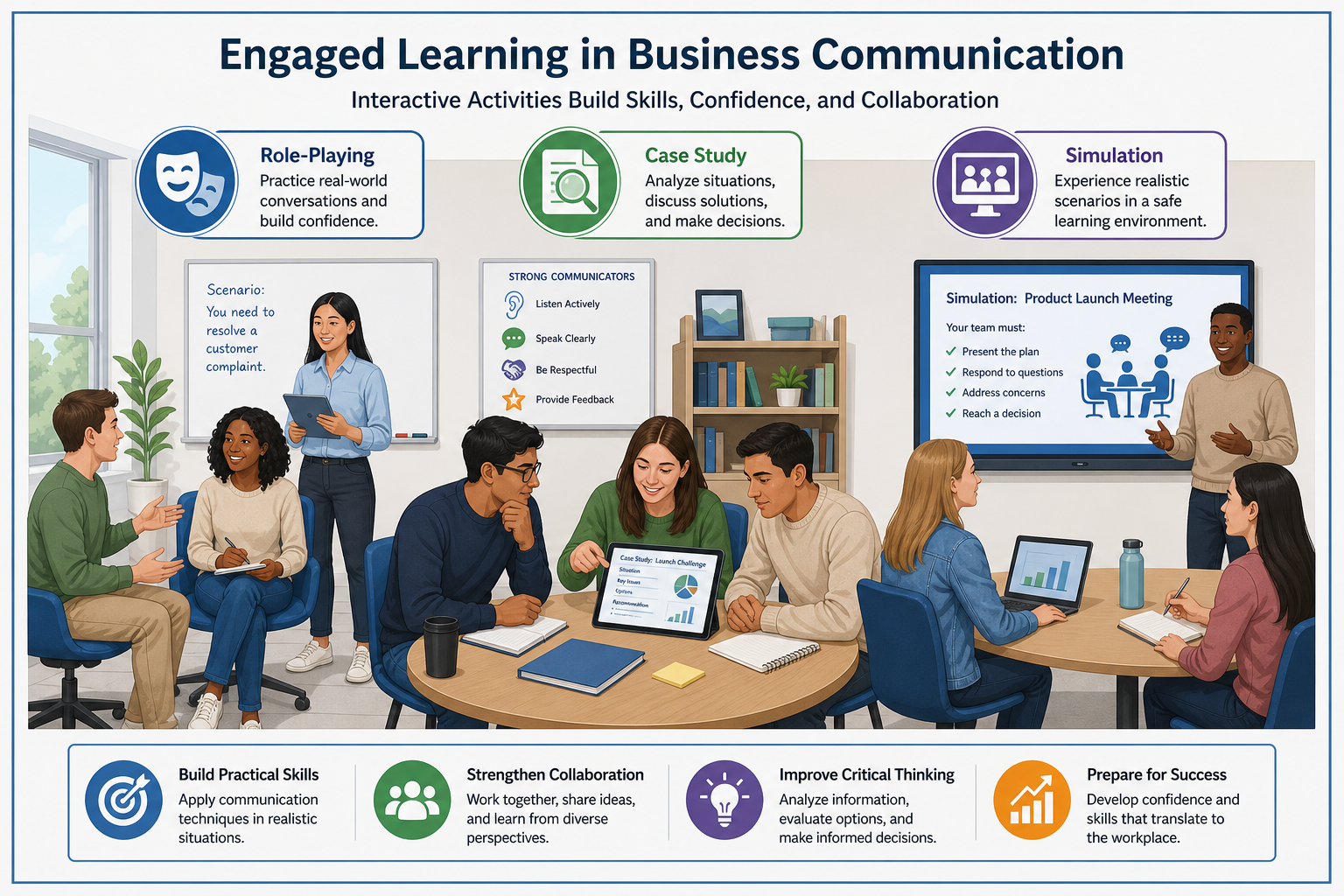 Cure Student Apathy - Illustration showing students participating in interactive business communication activities—role-