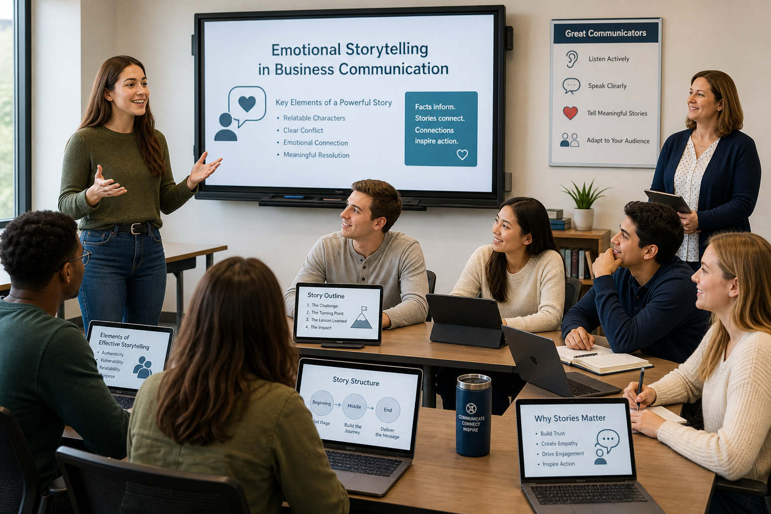 Emotional Storytelling in Business Communication - A diverse group of business communication students and their instruct