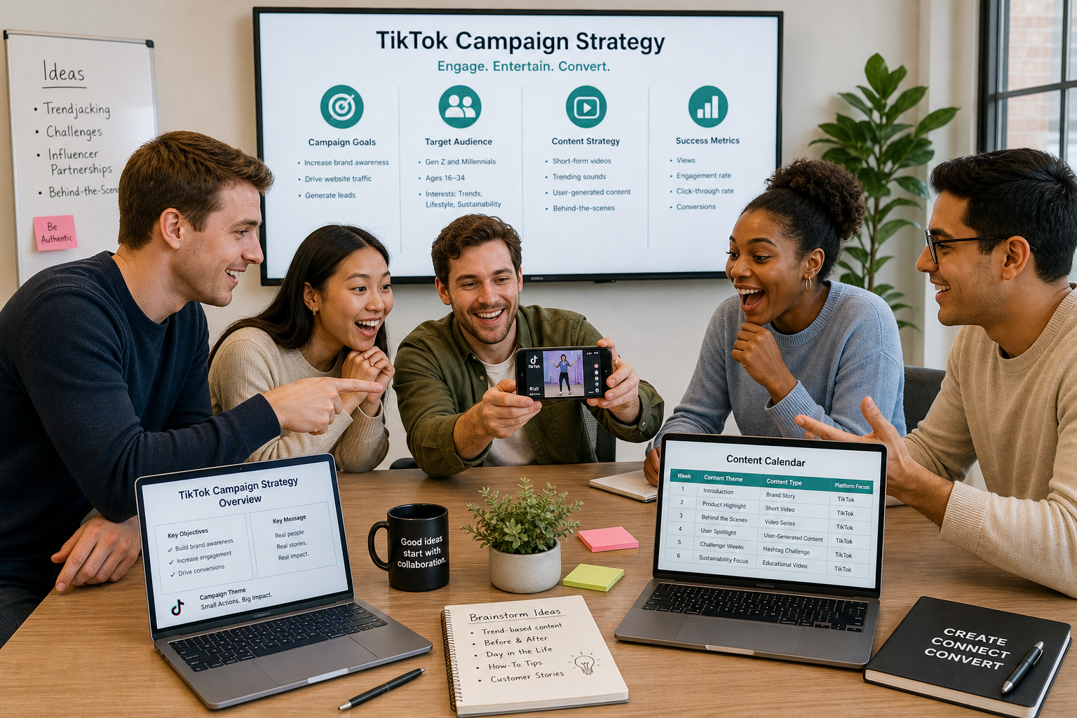 Tiktok in Business Communication - Photograph of diverse business professionals collaborating around a table, actively u