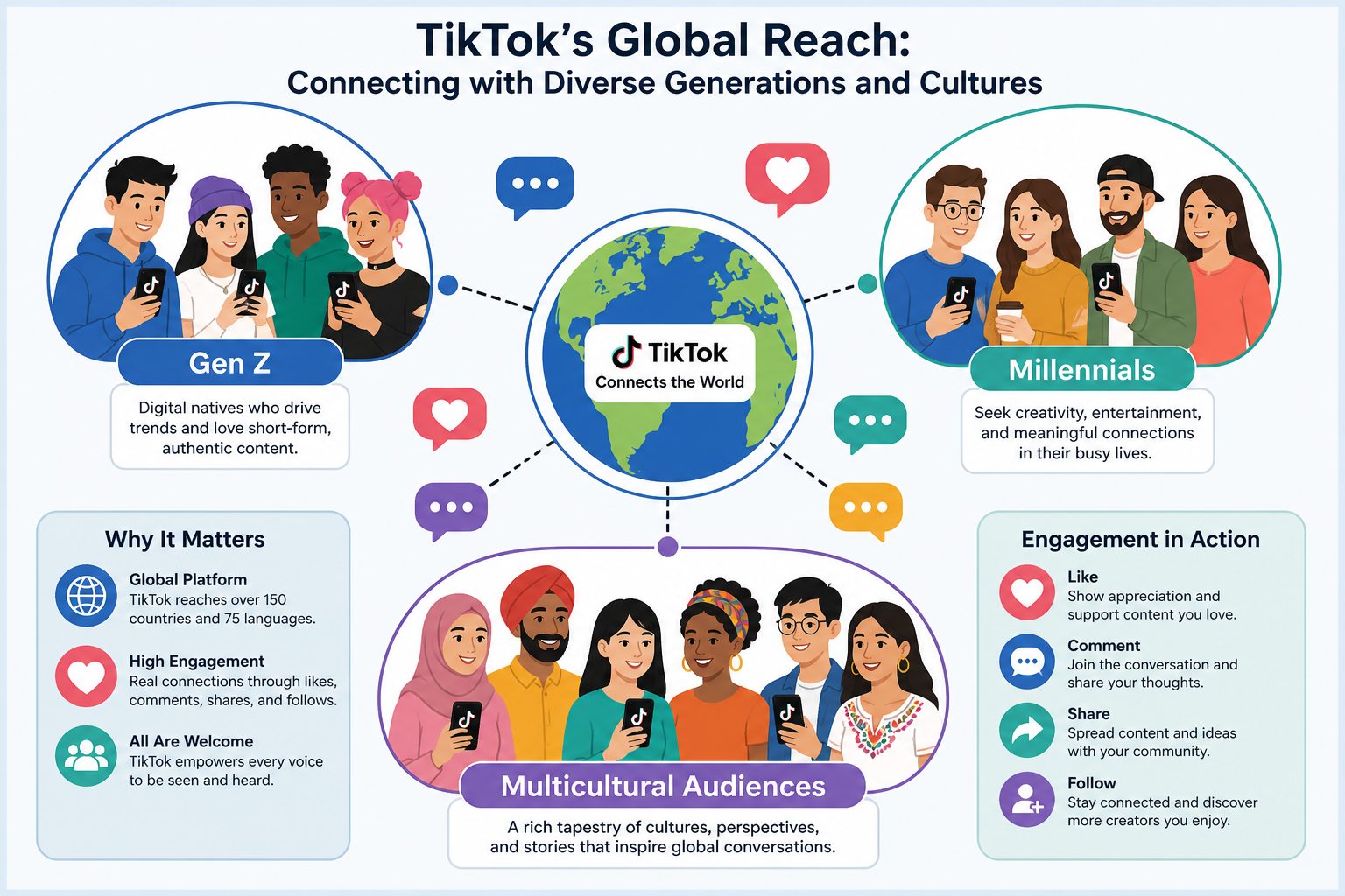 Tiktok in Business Communication - Illustration showing TikTok's global reach and diverse audience engagement, highlight