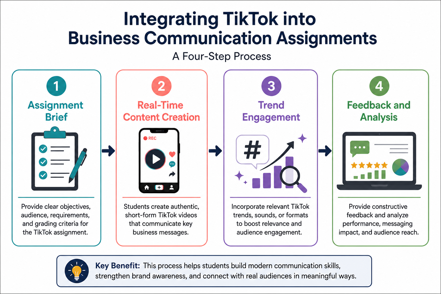 Step-by-step diagram showing how to incorporate TikTok in business communication coursework, including assignment design, content creation, trend engagement, and feedback, highlighting the use of Tiktok in Business Communication.