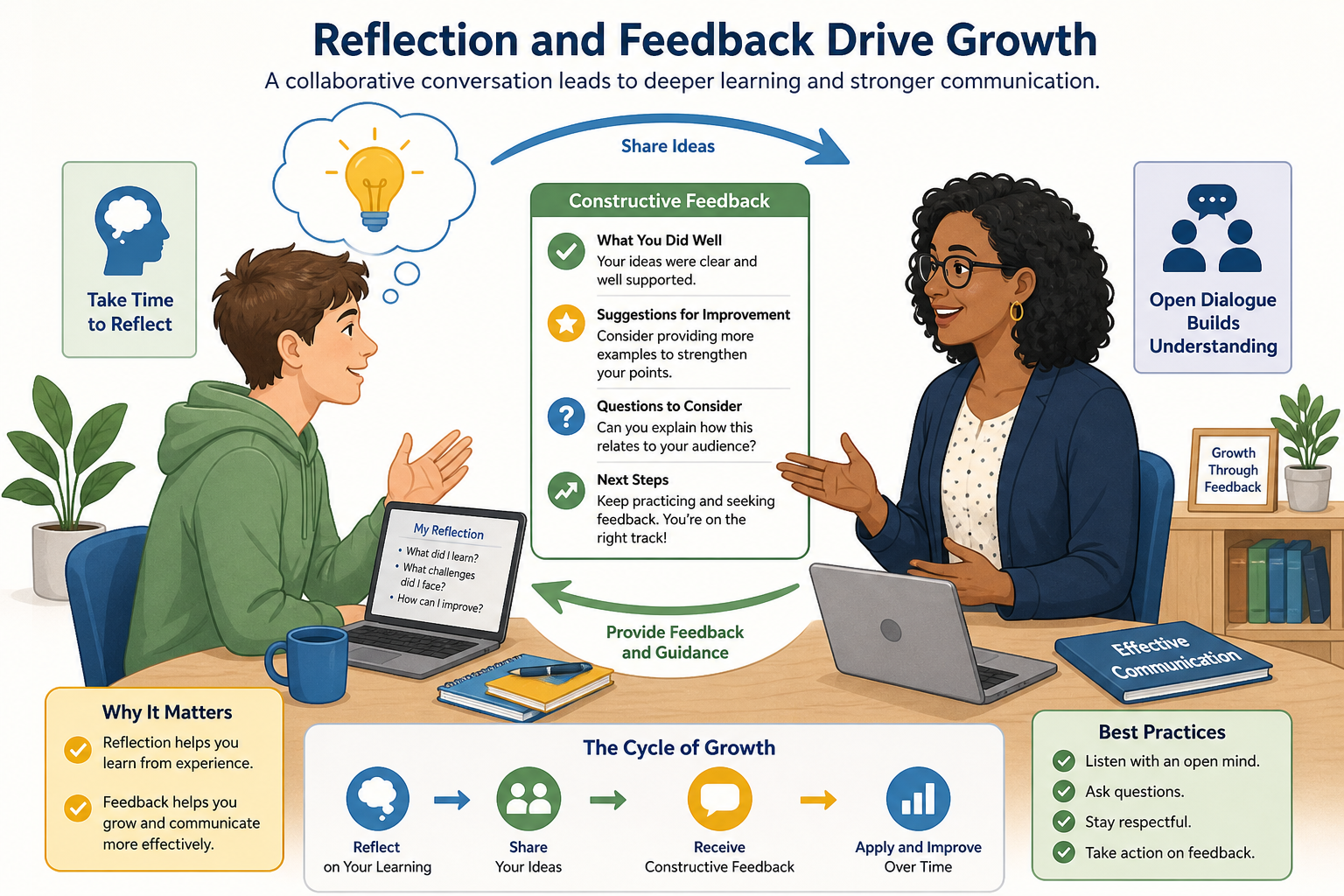 Engineer Aha Moments in Learning - Illustration of a student and instructor exchanging ideas, with symbols for feedback