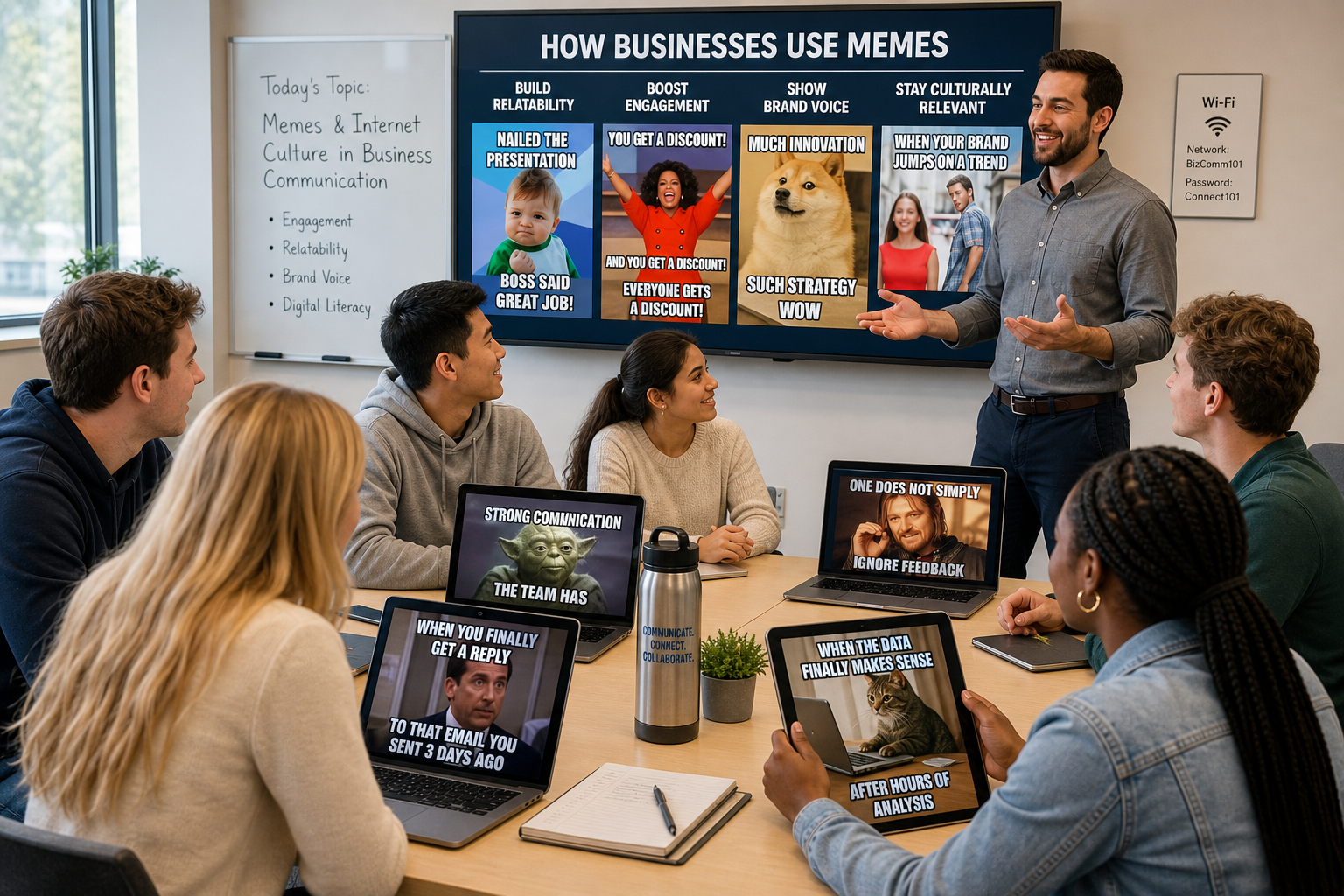 Internet Culture Reshaping Business Communication - A business communication classroom with diverse students and an inst