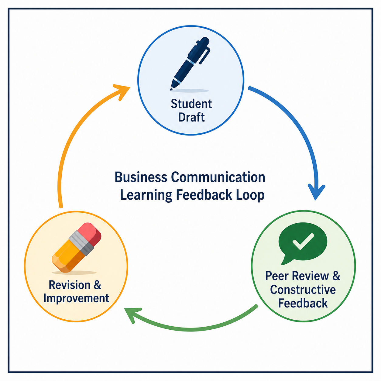 Teaching Business Communication Myths - Diagram showing a three-stage feedback loop from student draft to peer review an