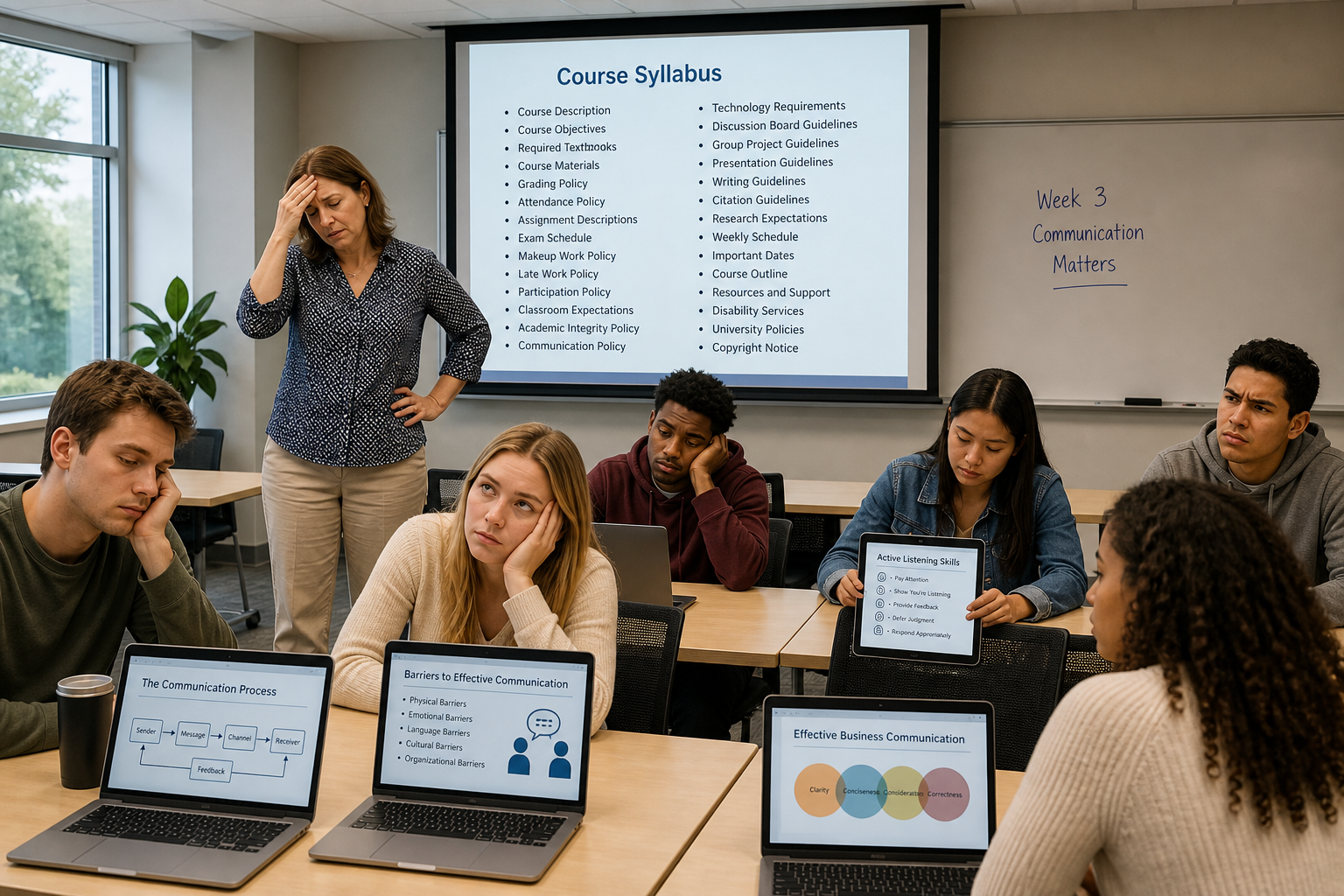 Break Teaching Mistakes Patterns - Photograph of a college classroom showing a frustrated instructor and disengaged stud