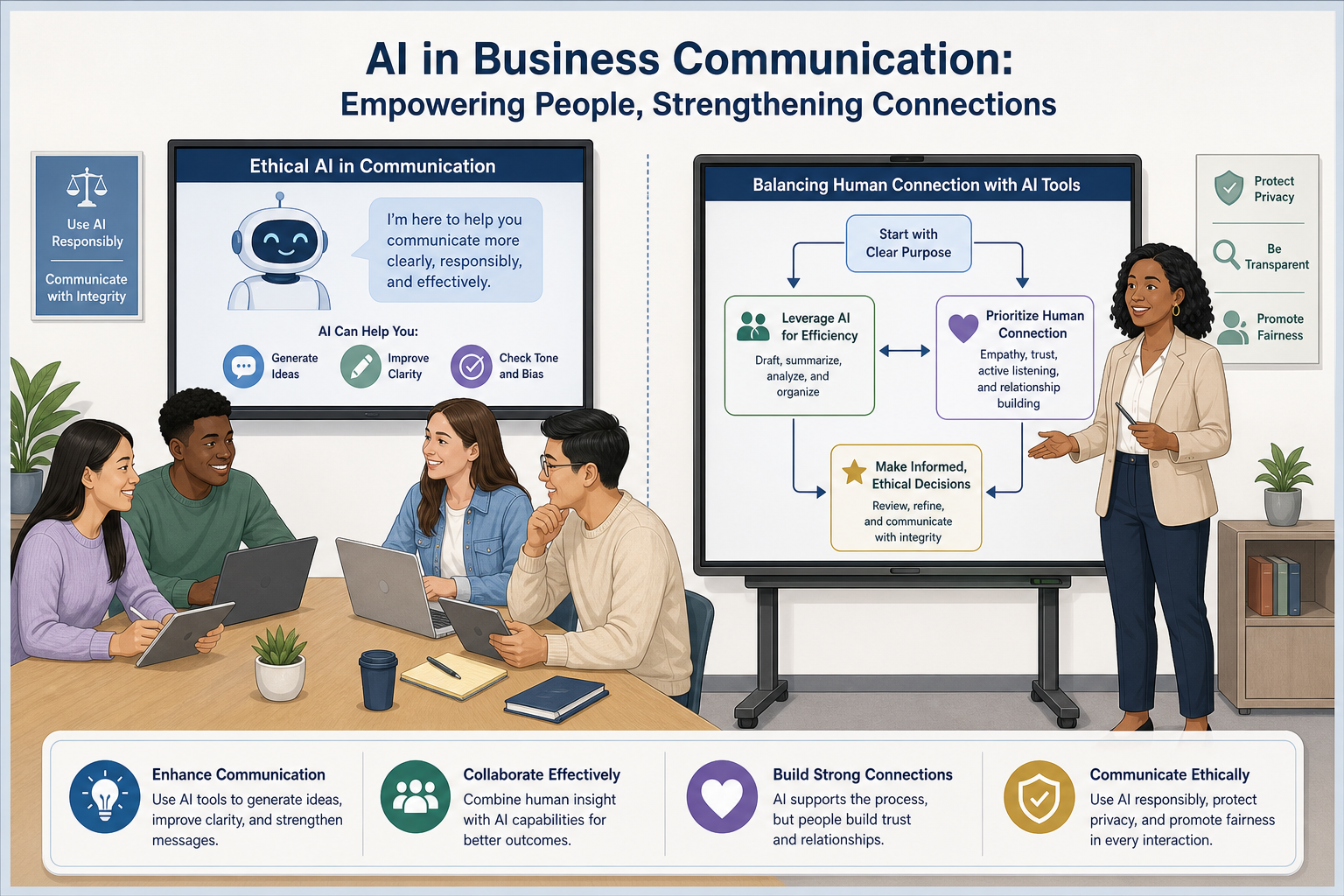 Controversial Issues in Business Communication - Illustration comparing ethical challenges and benefits of AI integratio