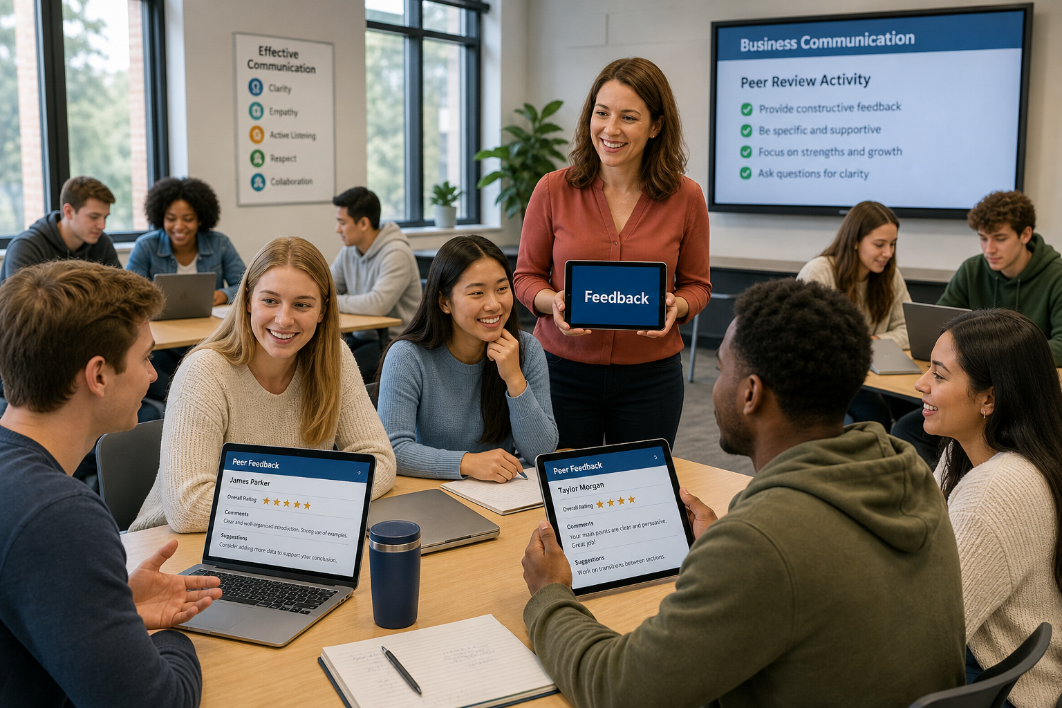 Options for Feedback in Business Communication - Photograph of students using digital devices in a business communicatio