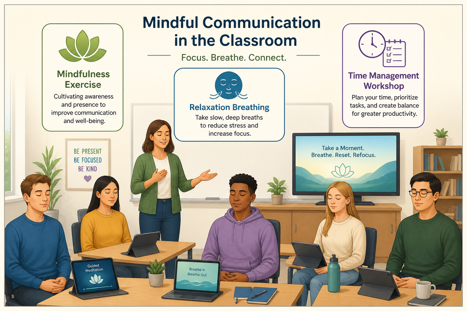 Strategies to Support Anxious Students - Illustration of a classroom using mindfulness and relaxation interventions, suc