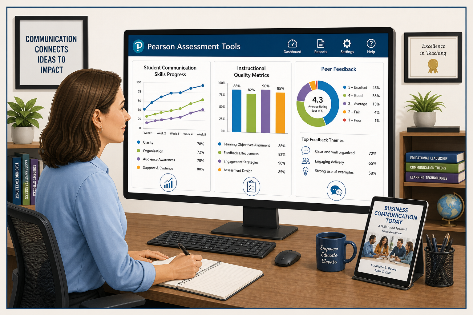 Illustration of an instructor analyzing Pearson’s assessment dashboard with charts measuring student progress and instructional quality, exemplifying the advantages when you adopt Business Communication Today.