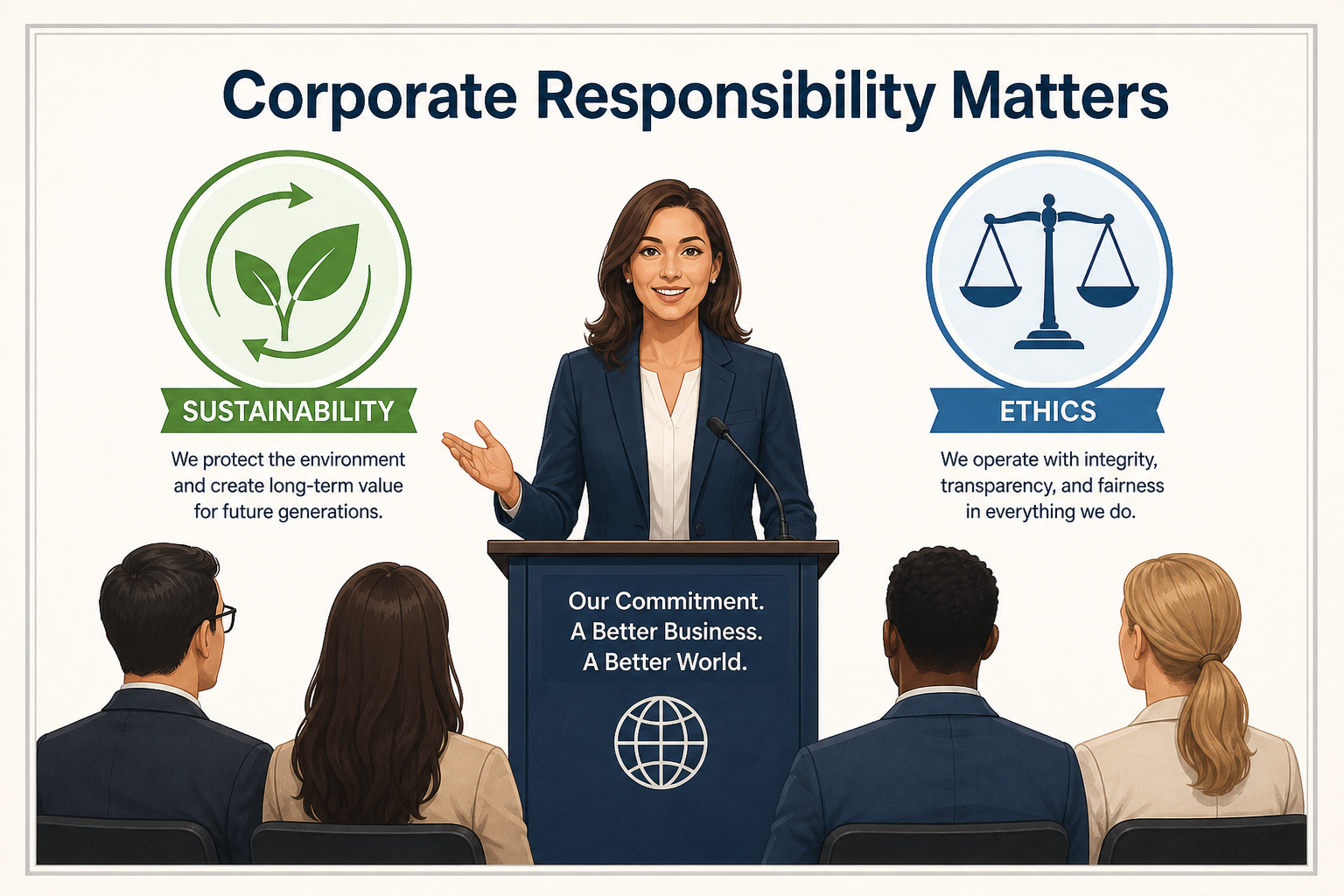 Microtrends Reshaping Business Communication - Illustration of a company spokesperson communicating the importance of su