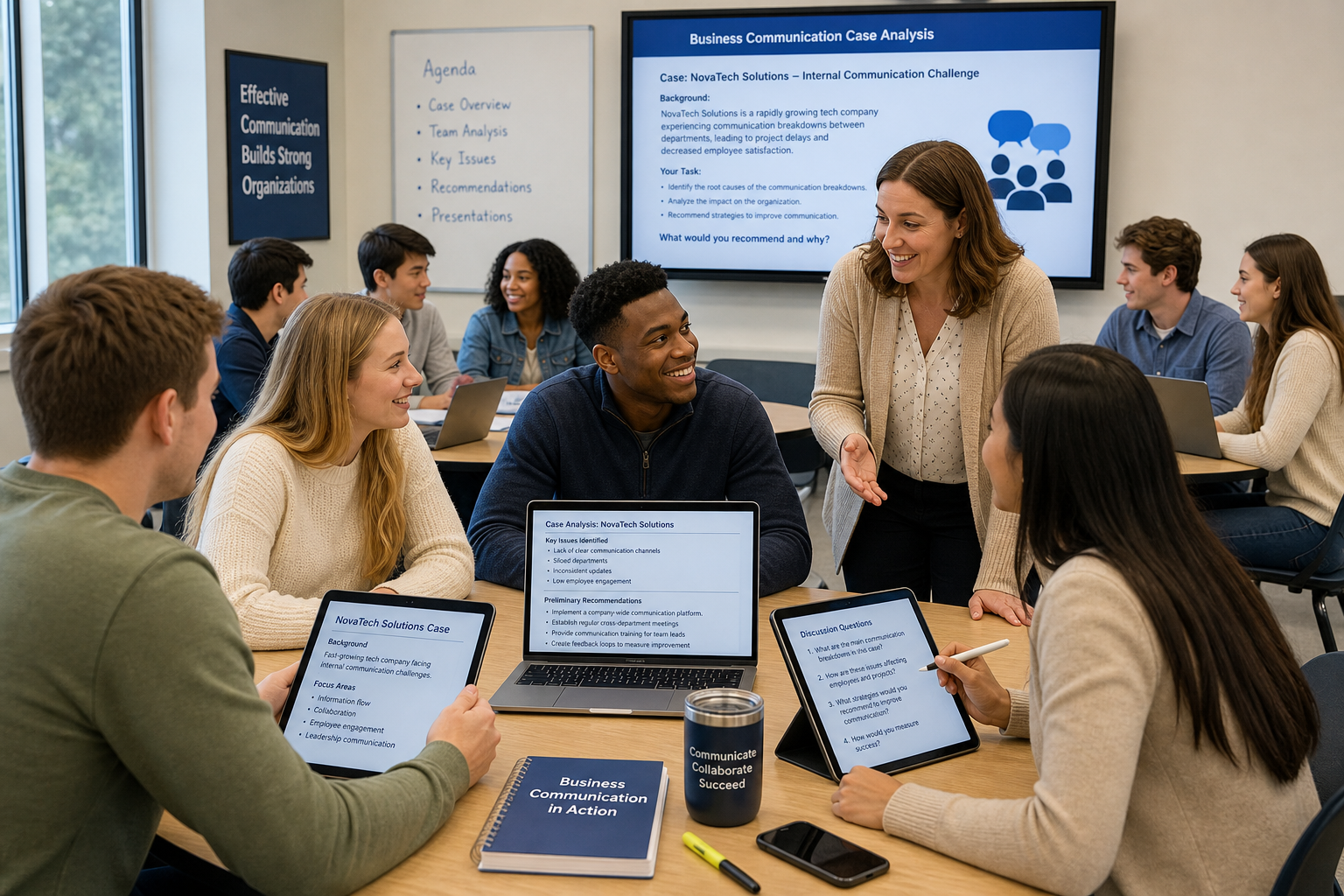 Igniting Active Learning Business Communication - Photograph of a diverse student group and instructor actively engaging