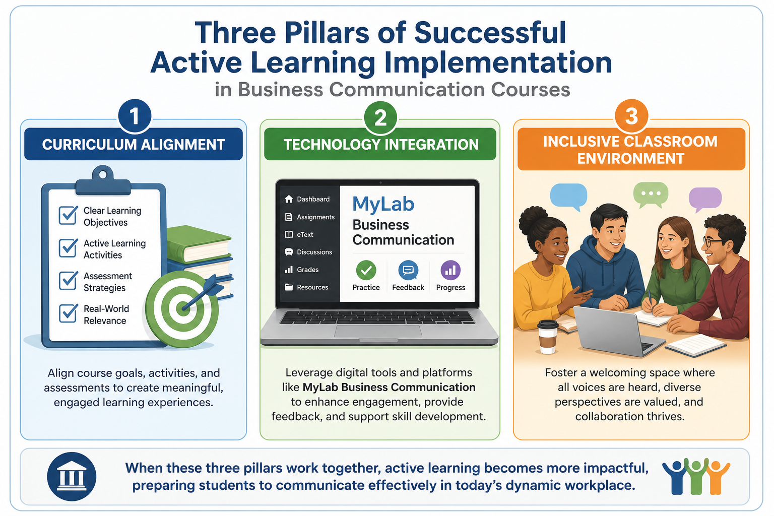 Igniting Active Learning Business Communication - Illustration showing clear steps for instructors to implement active l