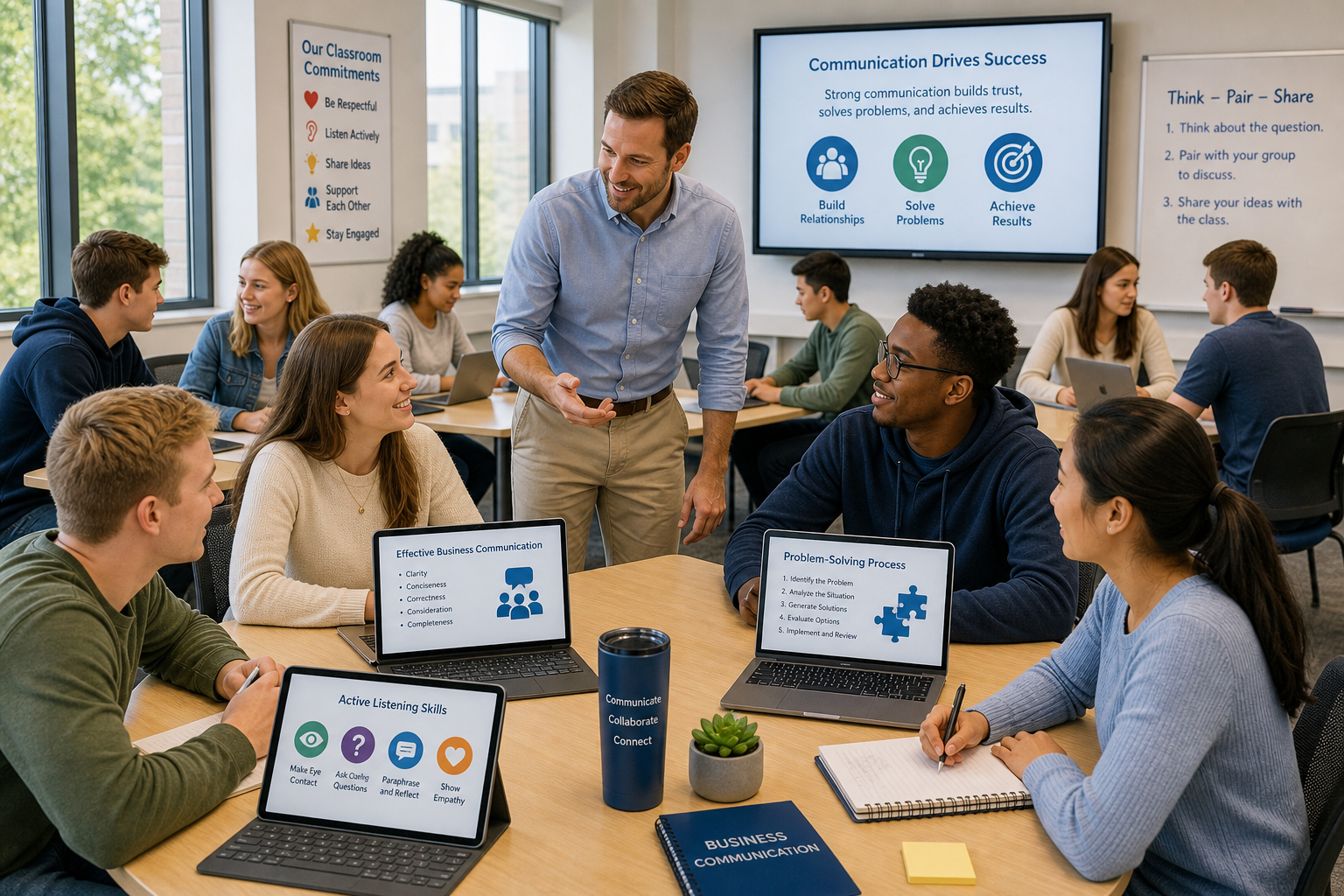 Dynamic Strategies for Success - Photograph of a diverse college business communication class engaged in active learning