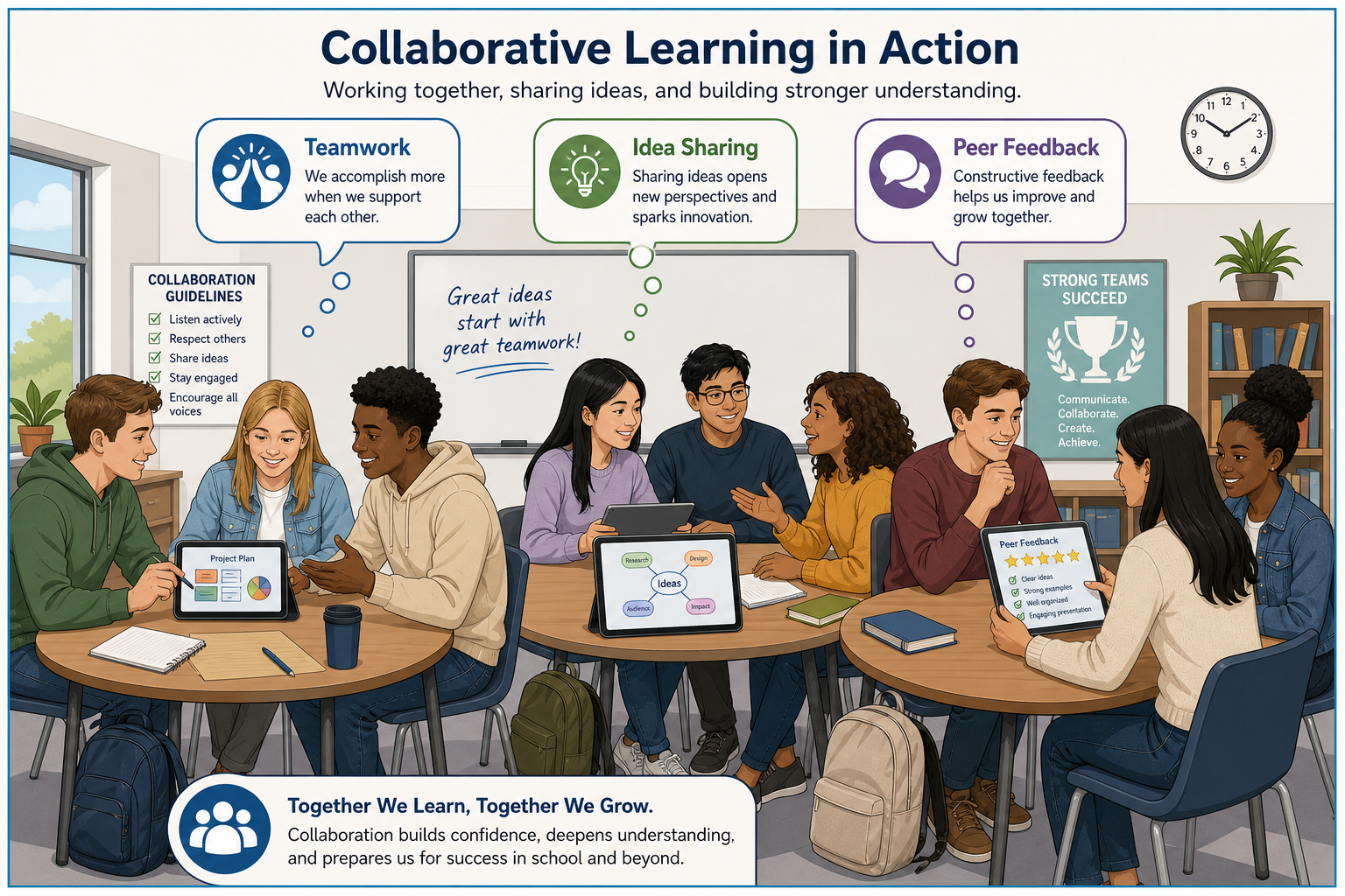 Dynamic Strategies for Success - Illustration of diverse student teams working together on projects, featuring clear cal