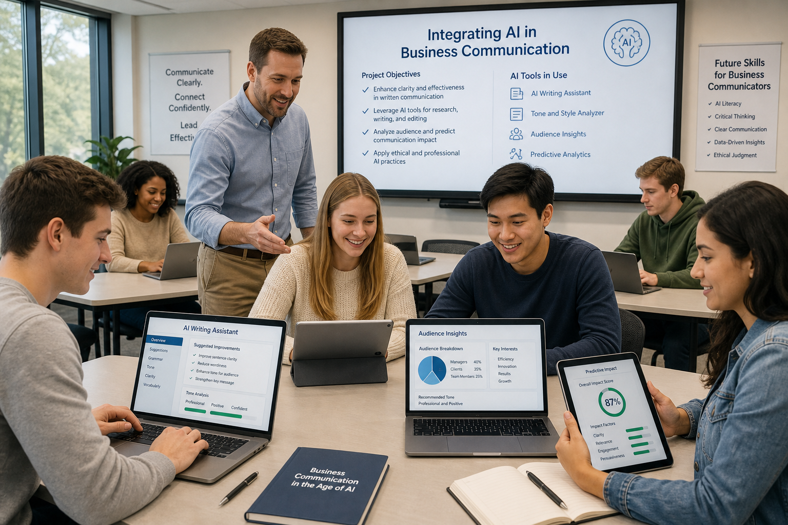 A diverse college classroom where business communication students and an instructor use AI-powered tools on their laptops, visually emphasizing the importance of AI-driven business communication careers.