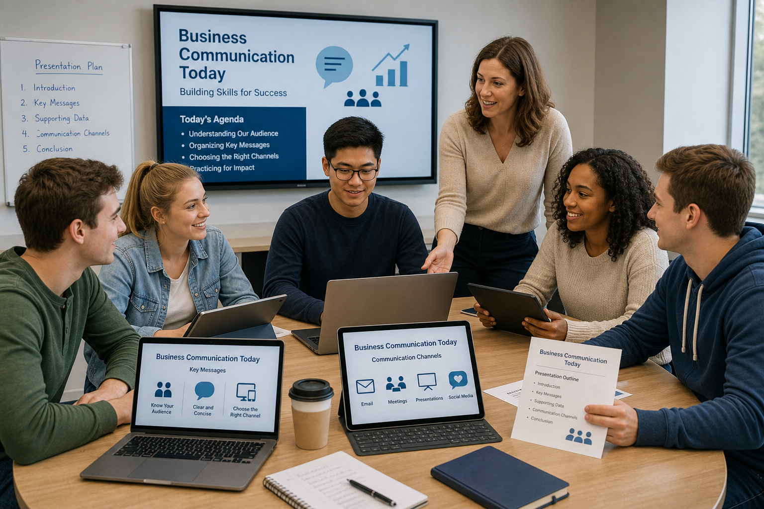 Student Friendly Business Communication Textbook - Photograph of college students using laptops and digital handouts to