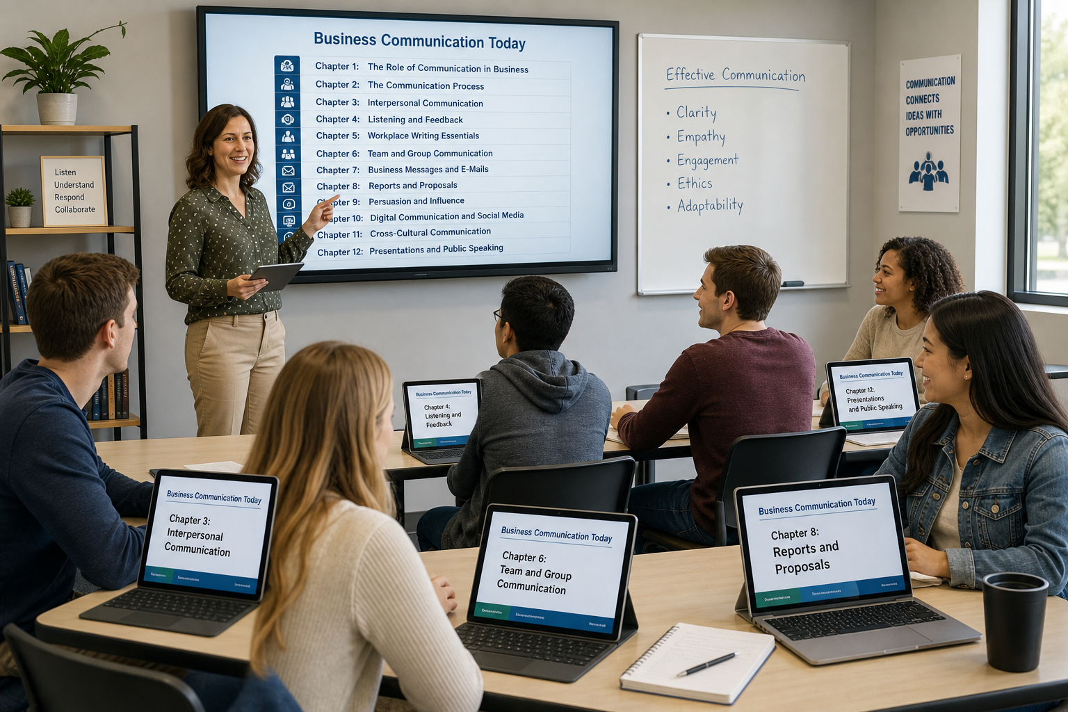 Customize Chapters in Business Communication Today - Photograph of a diverse classroom where an instructor and students use digital devices to arrange chapters in Business Communication Today, demonstrating flexibility in Business Communication Today.