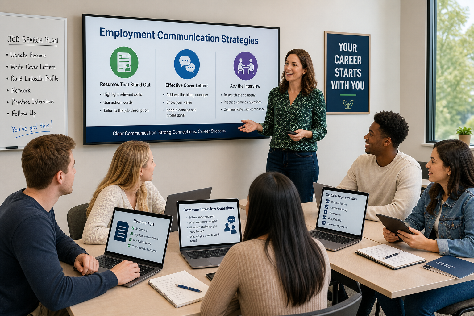 Business Communication Textbook Features - Photograph showing a diverse group of students and an instructor engaging in career planning and employment communication activities, using technology in a business communication classroom.