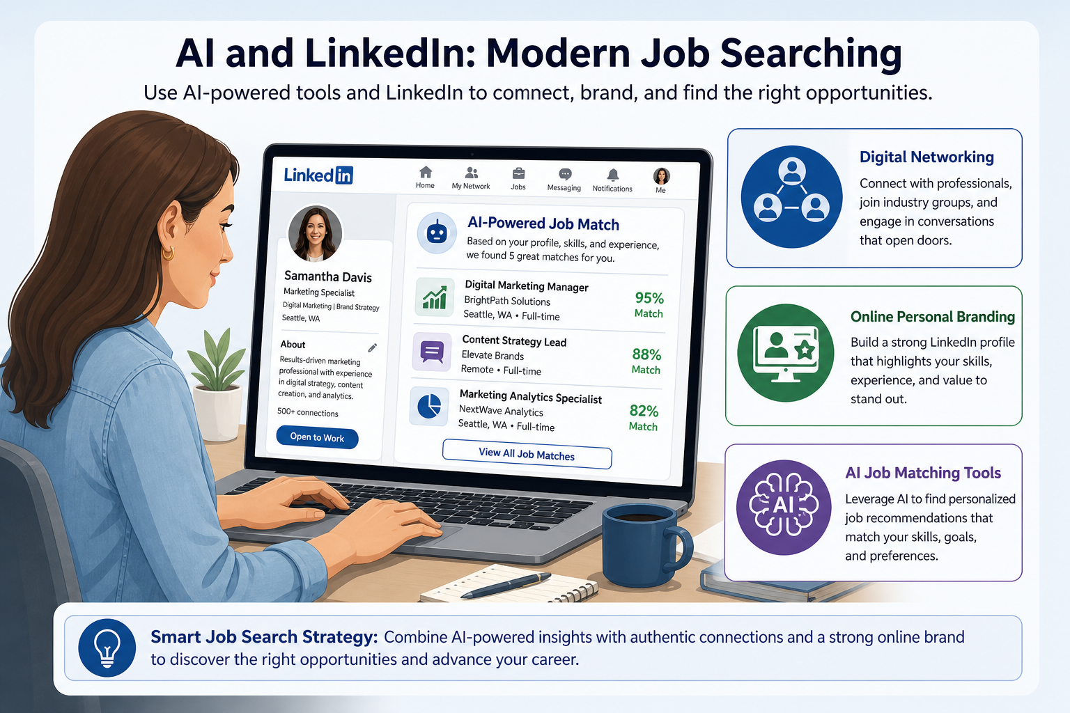 Business Communication Textbook Features - Illustration of a professional using online platforms and AI-enhanced job search tools for employment communication, featuring digital personal branding and networking icons; includes the term business communication textbook in a contextually relevant way.