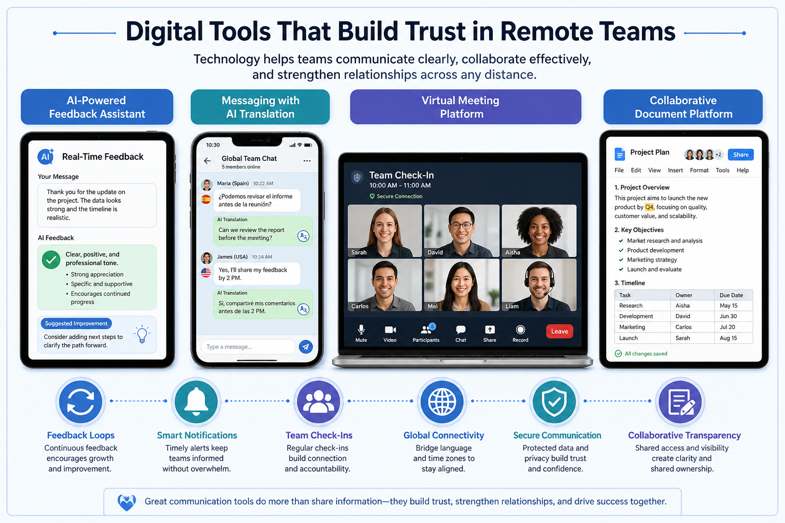 How Remote Teams Can Build Trust - Illustration of AI-powered business communication tools, including feedback assistants and translation apps, highlighting their role in building trust in remote teams.