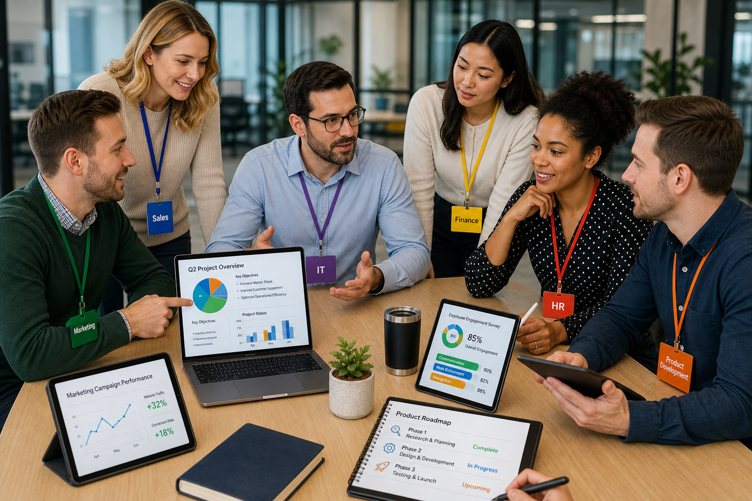 Communication Strategies for Cross-functional Teams - Photograph of a modern cross-functional team showing diverse business professionals collaborating around a table, each representing a different department.