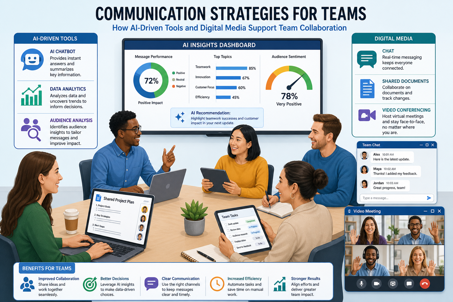 Communication Strategies for Cross-functional Teams - Illustration showing a cross-functional team using AI tools and digital media to enhance teamwork, highlighting communication strategies for teams.