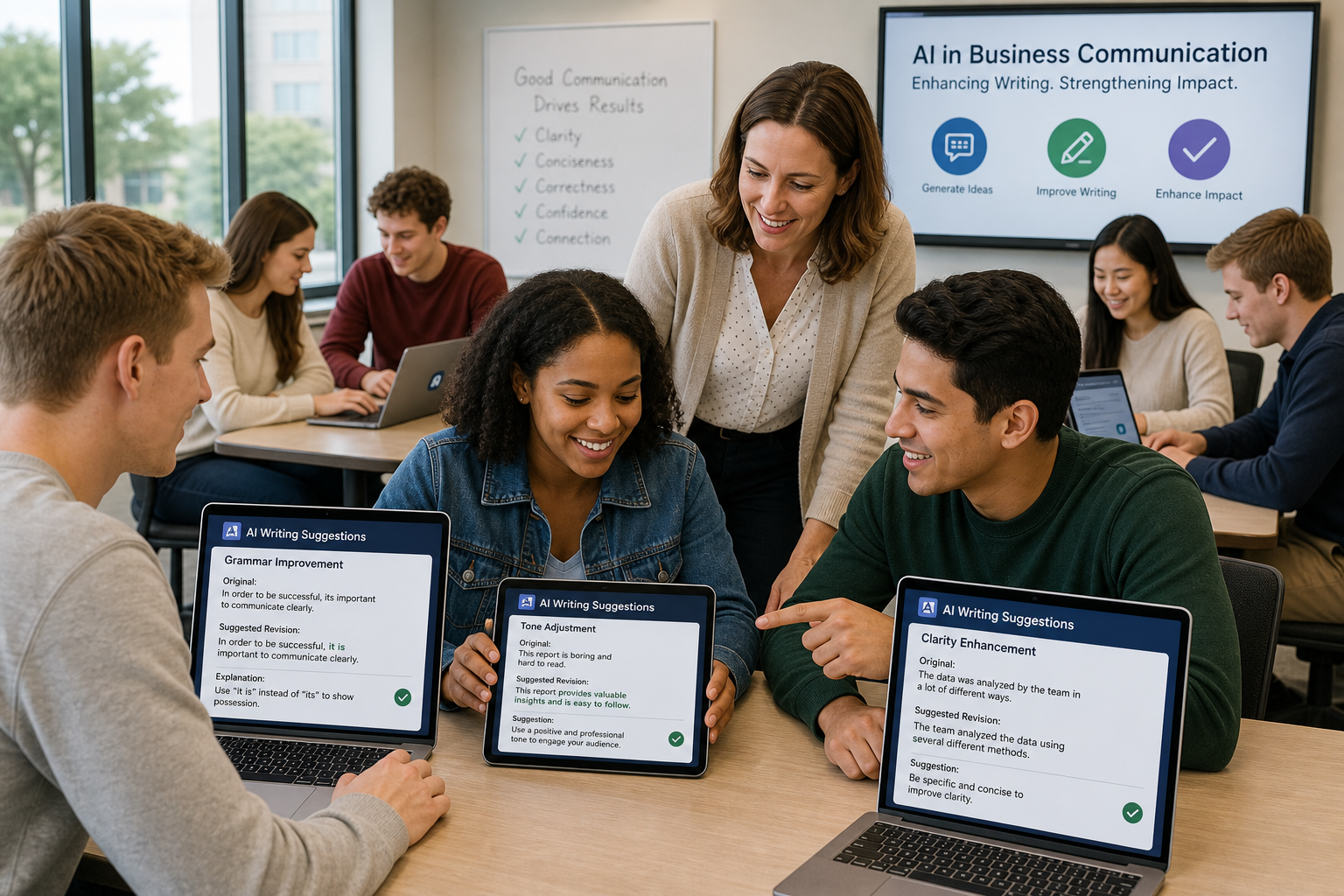 Professional Business Communication Matters - Photograph of college students and an instructor using AI writing assistants on laptops to practice professional business communication in a modern classroom.