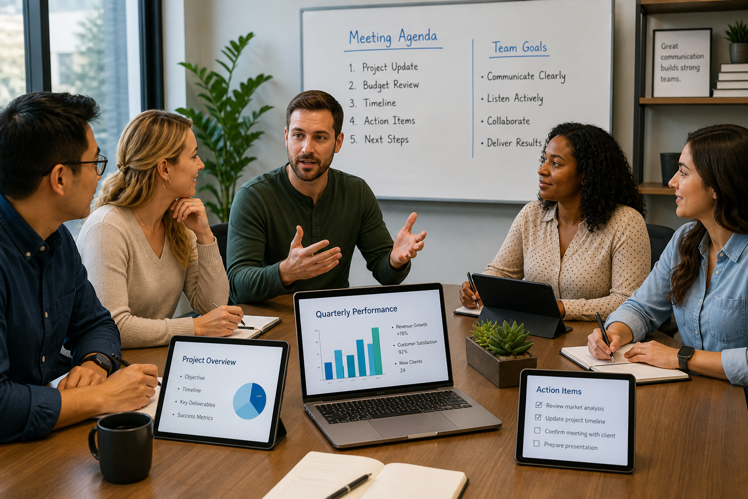 A business meeting where team members practice active listening in business communication by making eye contact, taking notes, and engaging attentively with the speaker.