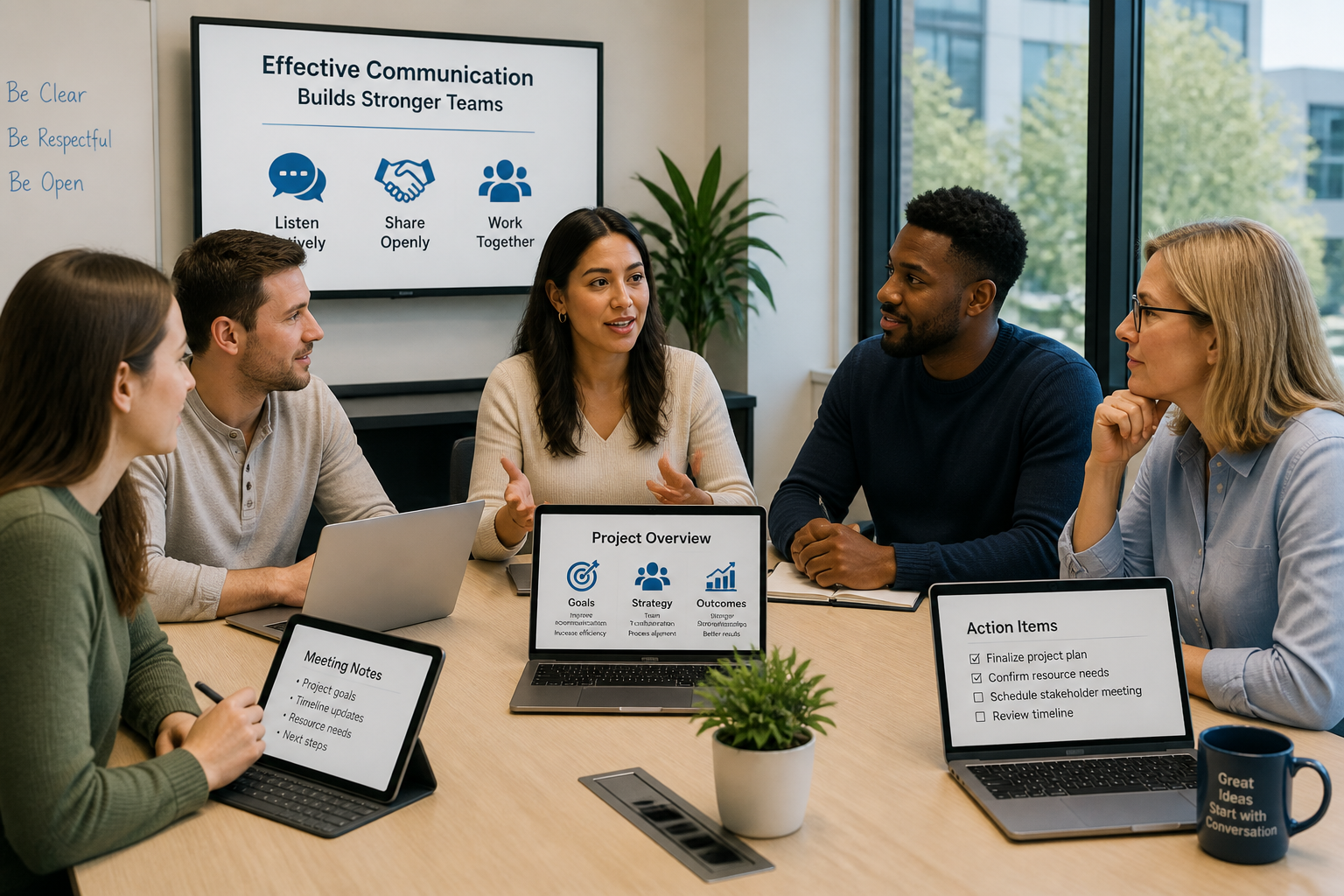 Photograph of a diverse team using active listening during a meeting, demonstrating how active listening improves workplace communication and collaboration.