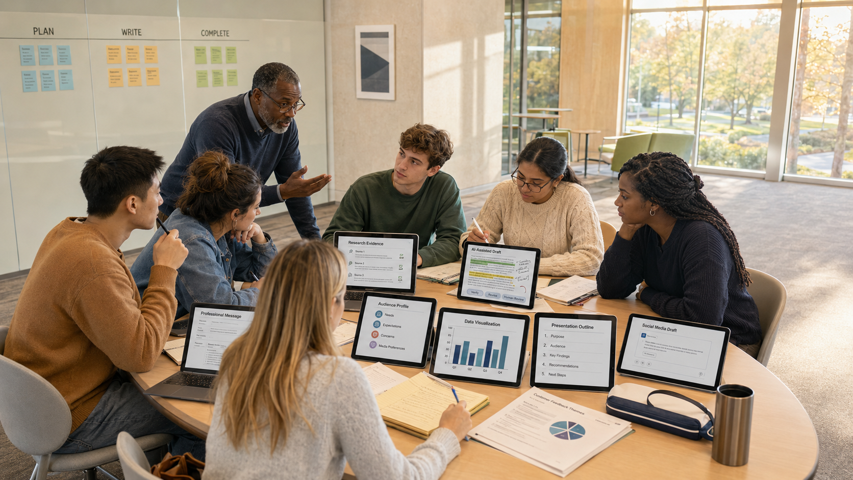 Instructor and diverse college students use the Three-Step Writing Process across workplace, digital, visual, presentation, career, and AI-assisted communication.