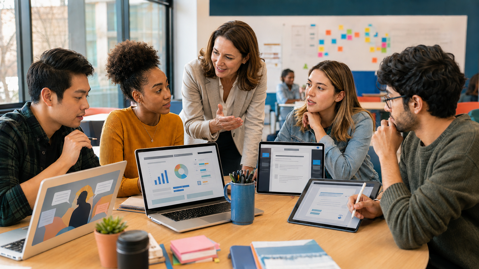 Instructor and diverse college students analyze credibility, leadership, strategic writing, digital media, and responsible AI in a business communication class.